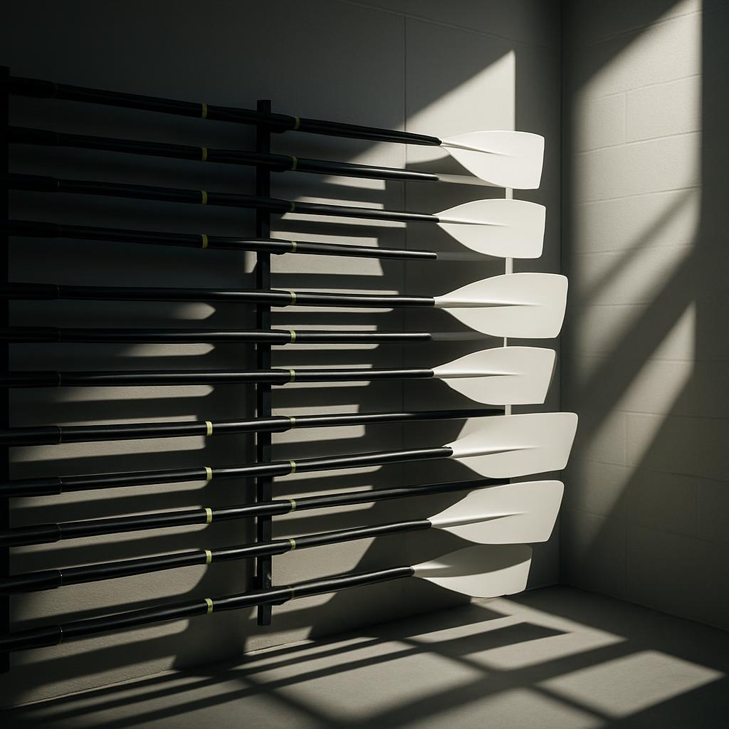 A couple of acrylic oars are displayed in a gymnasium window visible from outside, likely for recruiting or display purposes.