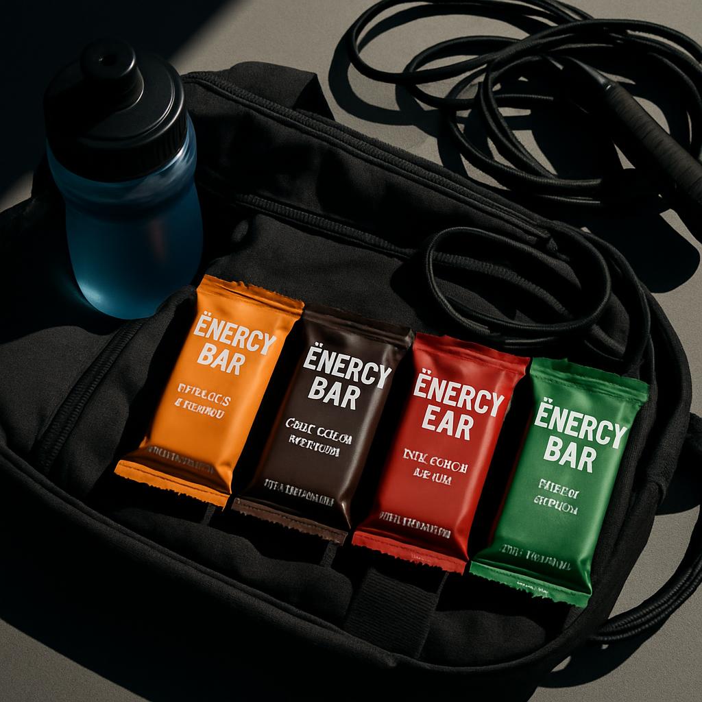 An assortment of five different flavored ÉNENCY BAR energy bars in a black gym bag with a water bottle and jump rope nearby.