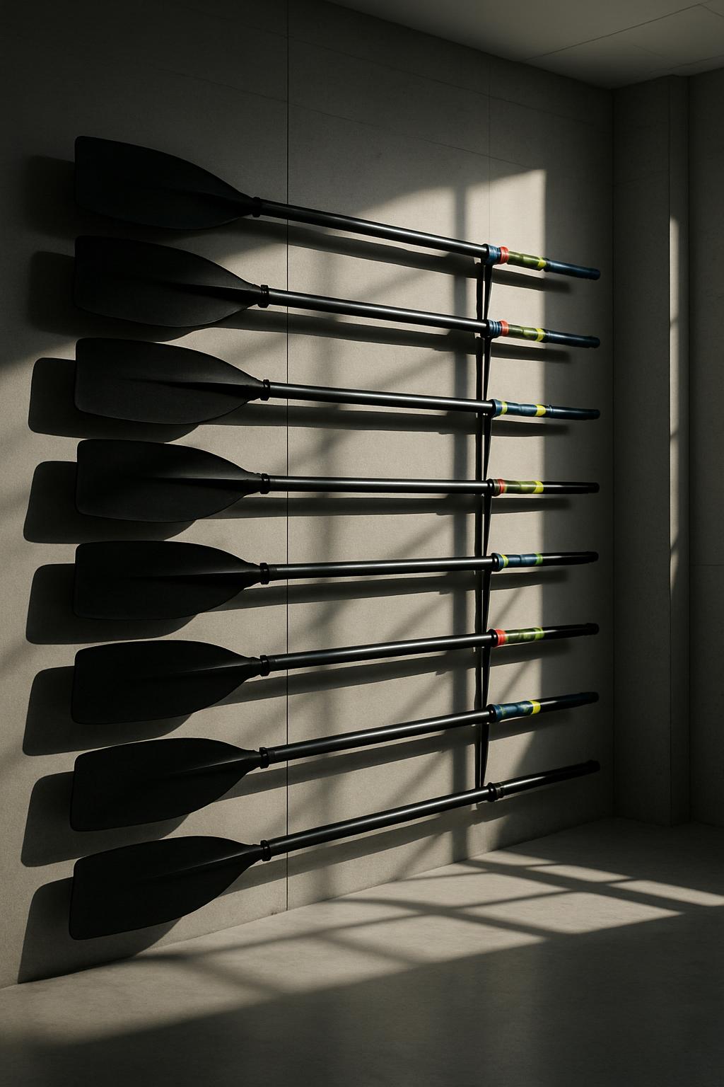 seven stacked rowing oars leaning against an interior wall, featuring a shadow cast across the wall and floor, producing s...