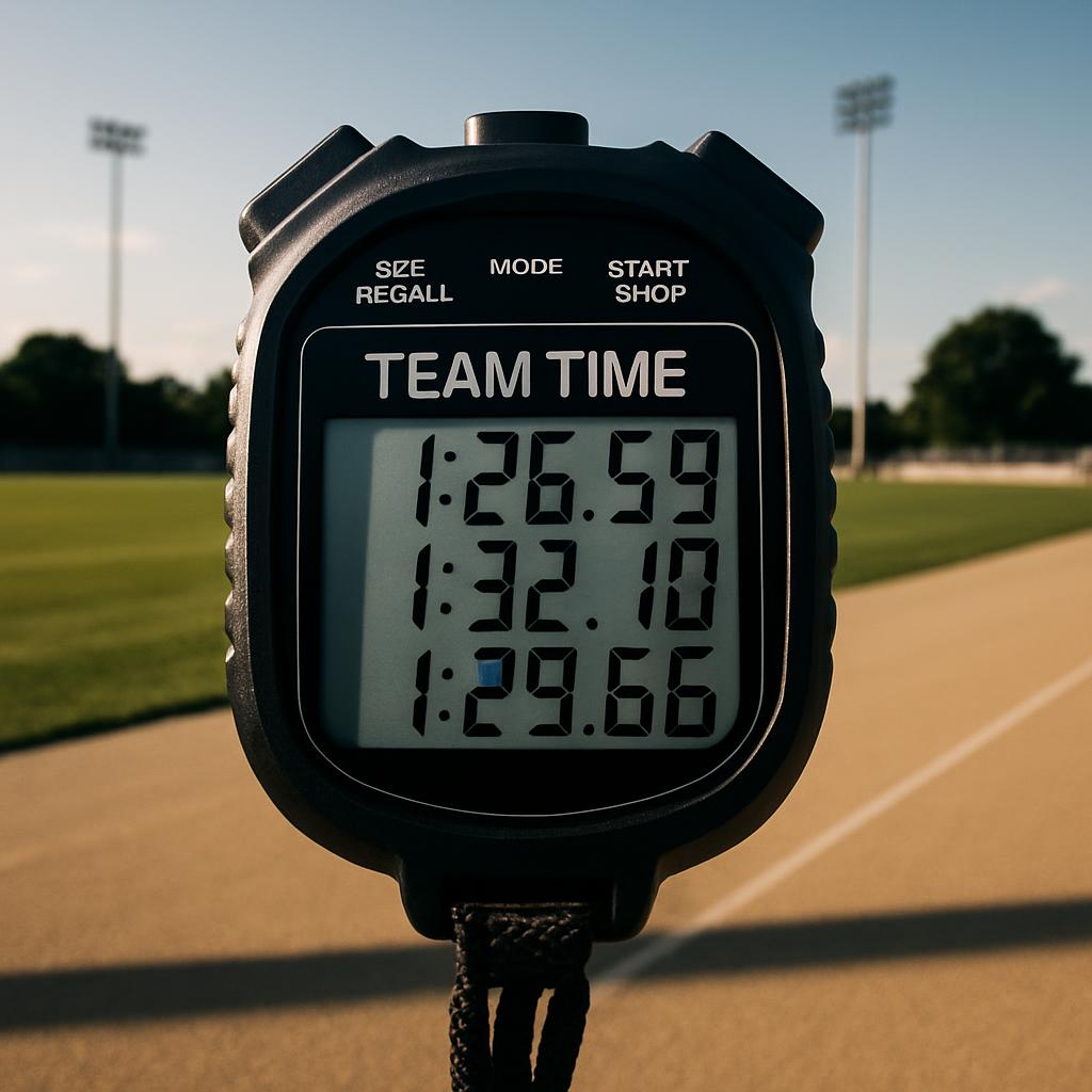 A digital stopwatch with the words "TIME TEAM" and displaying three recorded times of 1:26.59, 1:32.10, and 1:29.66 is sho...